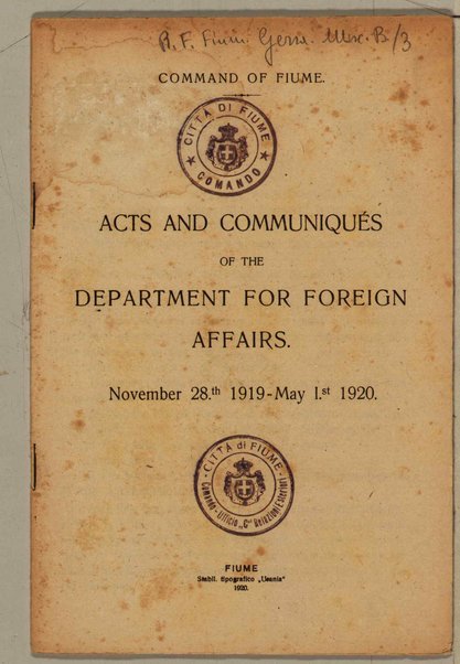 Acts and communiqués of the dapartment for foreign affairs. November 28th 1919-May 1st 1920